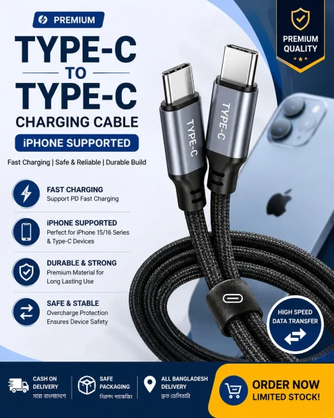 Premium Type-C to Type-C 240w Fast Charging Cable (iPhone 15/16 & Android Supported)